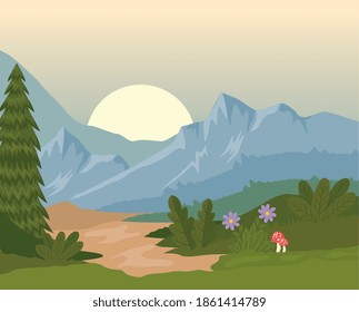field camp landscape scene with sunset and flowers vector illustration design