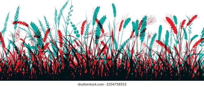 Field with cereals, grass and wild herbs. Colorful vector isolated silhouette of grain plants meadow.  Horizontal border.