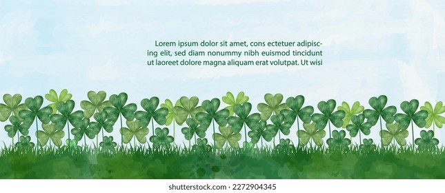 field of clover leaves in watercolors style and example texts on blue paper pattern background.