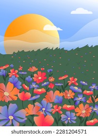 Feld mit bunten Blumen, Sonne und grünem Gras. Sommerzeit. Vektorgrafik. Plakatvorlage für Cover und Broschüren, Flyer, Webseiten und soziale Netzwerke.