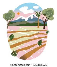 Field with crops of Asian farmers. Agricultural farm with green plants growing in land with pathways vector illustration. Nature background with wooden houses, mountain, sky.