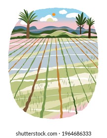 Field with crops of Asian farmers. Agricultural farm with green plants growing in land with pathways vector illustration. Nature background with wooden houses, mountain, sky.