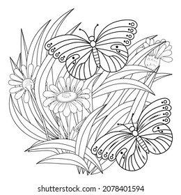 Field daisies and butterflies on a white background. Anti-stress coloring book for children and adults. Black contour drawing.