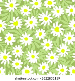 Field of daisies. Daisies floral vector background, cute spring wallpaper.  Seamless background for fabrics, textiles, packaging and wallpaper. Vector illustration