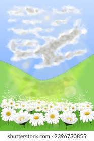 Field of daisies. Landscape. Field with flowers. Sunny sky with clouds. Grass. Illustration. Vector. Illustrat3.