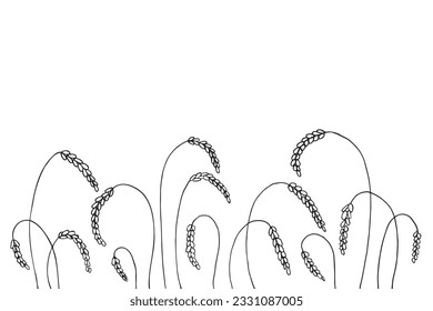 Field of ears of wheat. Heap of ears of wheat, dried whole grains. Cereal harvest, agriculture, organic farming. Background from ears of wheat drawn by hand. Vector illustration on isolated background