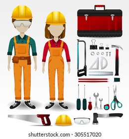Field Engineering or technician uniform clothing, stationary and accessories tool box icon collection set with layout design isolated background for both male and female profession (vector)