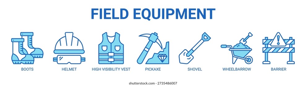 Field Equipment web banner icon vector illustration concept with icon of boots, helmet, high visibility vest, pickaxe, shovel, wheelbarrow, and barrier.
