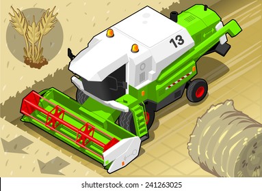 Field Farm Isometric Green Thresher Harvester at Work Flat 3D Isometric Farming Vehicles Vector Illustration.