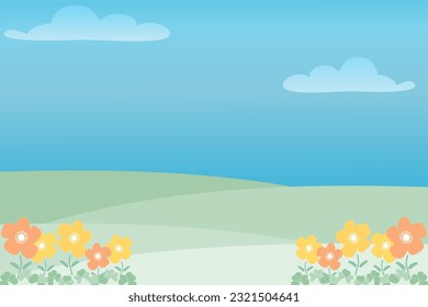 Field Farm Landscape illustration cartoon background banner vector. Countryside scenery with bright colour flower cartoon kid style. 