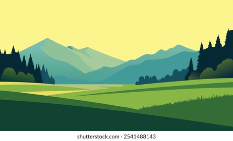 Field featuring lush grass and trees in the foreground, creating a peaceful natural landscape flat vector illustration