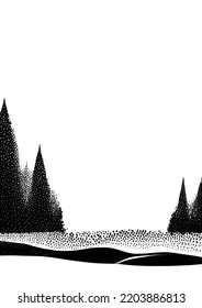 Árboles de campo y abetos, ilustración del paisaje en blanco y negro.