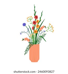 Ramo de flores de campo en jarrón. Arreglo floral. Ramo de flores silvestres mezcladas, ramas de flores suaves. Plantas florecientes de prado de verano, decoración. Ilustración vectorial plana aislada sobre fondo blanco