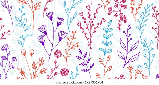 Las flores de campo ramifican un patrón natural sin fisuras. Impresión de tela herbal suave. Plantas de jardín, hojas y tapices. Bandas de flores de campo que crecen como adorno sin fisuras