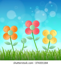 Field of flower fresh spring on blue background with bokeh, Vector illustration