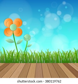 Field of flower fresh spring on blue background with plank wood floor, Vector illustration