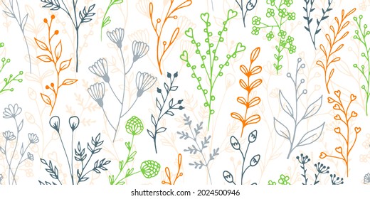 La flor de campo espira fondo ininterrumpido del vector botánico. Diseño gráfico de hierbas finas. Ilustración de plantas de gramíneas y tallos. Patrón de repetición de estilo de las ramas de flores del campo