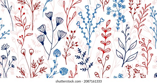 Field flower sprigs botanical vector seamless ornament. Chic herbal textile print. Garden plants foliage and buds wallpaper. Field flower branches isolated seamless pattern