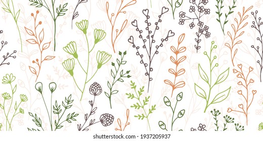 Field flower sprigs hand drawn vector seamless background. Cozy herbal textile print. Meadow plants foliage and bloom illustration. Field flower twigs sketch seamless swatch