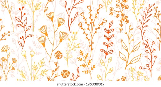 Field flower sprigs hand drawn vector seamless background. Gentle floral graphic design. Wild plants leaves and stems wallpaper. Field flower twigs isolated repeating design