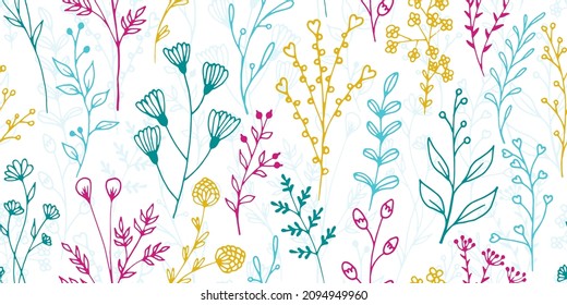 Field flower sprigs hand drawn vector seamless ornament. Chic herbal graphic design. Herb plants leaves and buds wallpaper. Field flower twigs summer seamless ornament