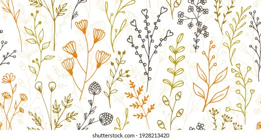 Field flower sprigs natural vector seamless ornament. Creative floral graphic design. Grass plants foliage and blossom wallpaper. Field flower sprouts sketch endless swatch