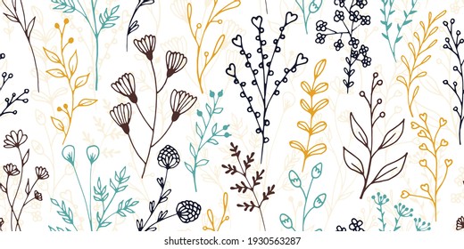 Field flower sprigs natural vector seamless ornament. Abstract herbal fabric print. Garden plants foliage and buds wallpaper. Field flower branches flat seamless swatch
