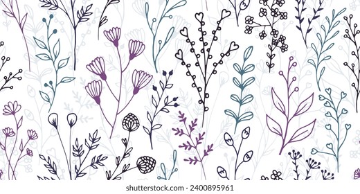 Field flower sprigs natural vector seamless background. Abstract floral fabric print. Greenery plants leaves and blossom illustration. Field flower sprouts doodle repeating pattern