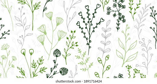 Field flower sprigs organic vector seamless ornament. Gentle floral fabric print. Greenery plants foliage and blossom wallpaper. Field flower sprouts doodle repeating swatch
