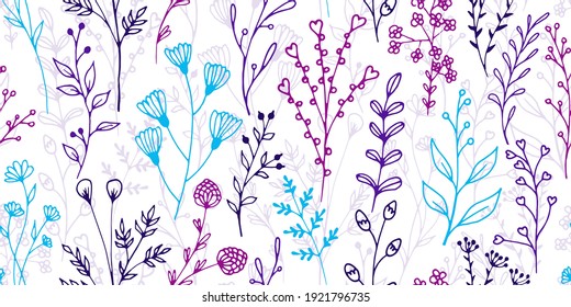 Field flower sprouts hand drawn vector seamless background. Romantic herbal textile print. Greenery plants foliage and blossom illustration. Field flower twigs sketch seamless swatch