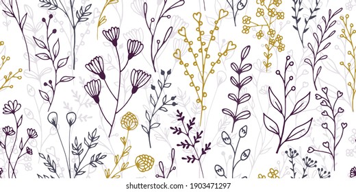 Field flower sprouts natural vector seamless pattern. Beautiful floral graphic design. Garden plants leaves and buds wallpaper. Field flower branches growing endless background