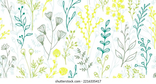 Field flower sprouts organic vector seamless pattern. Delicate floral textile print. Garden plants foliage and stems illustration. Field flower branches linear repeating pattern
