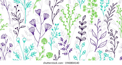 Field flower twigs natural vector seamless ornament. Rustic floral textile print. Meadow plants foliage and stems wallpaper. Field flower branches linear endless swatch