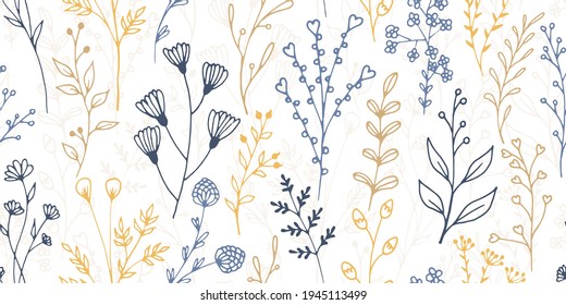 Field flower twigs natural vector seamless ornament. Boho herbal textile print. Grass plants foliage and stems wallpaper. Field flower sprigs flat repeating pattern