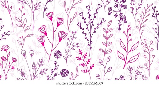 Feldblume Zweige natürliche Vektorgrafik nahtlose Ornament. Vintage Kräutertextildruck. Wiesenpflanzen, Blätter und Stiele Tapete. Filialen von Feldblumen mit endlosem Design