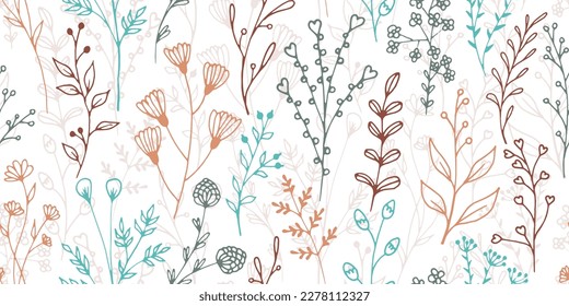 Field flower twigs organic vector seamless background. Gentle floral textile print. Wild plants leaves and bloom illustration. Field flower sprouts linear endless swatch