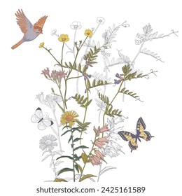 flores de campo, pájaro y mariposas, dibujo vectorial de plantas silvestres en fondo blanco, ilustración natural dibujada a mano