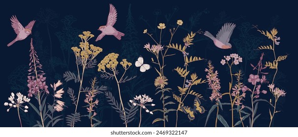 field flowers and birds at dark blue background, vector drawing wild plants , hand drawn natural illustration