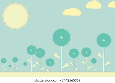 A field of flowers with a blue sky in the background. Flat simple vector design.