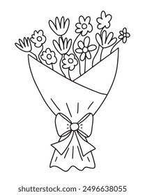 Field flowers bouquet with bow vector coloring page