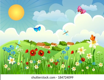 Field with flowers, butterflies, dragonflies