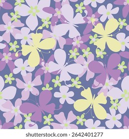 Field of flowers with butterflies. Seamless background with flowers. Perfect for women's and men's clothing, children's clothing, home decor. Vector illustration
