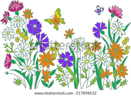 Field flowers and butterflies. Vector background, islated on white.