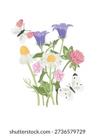 field flowers and butterflies, vector drawing wild plants at white background, floral composition, bellflowers, bindweed, clover and daisies, hand drawn botanical illustration