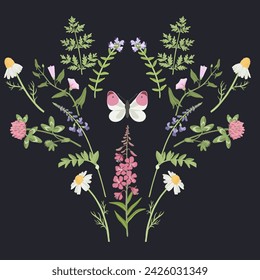 Feldblumen und Schmetterling, Vektorzeichnung von Wildpflanzen und Insekten auf schwarzem Hintergrund, Blumenkomposition für Cover-Design, natürlicher Druck im Boho-Stil, handgezeichnete botanische Illustration