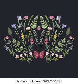 field flowers and butterfly, vector drawing wild plants and insect at black background, floral composition for cover design, natural print in boho style, hand drawn botanical illustration