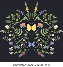 Feldblumen und Schmetterling, Vektorzeichnung von Wildpflanzen und Insekten auf schwarzem Hintergrund, Blumenkomposition für Cover-Design, natürlicher Druck im Boho-Stil, handgezeichnete botanische Illustration