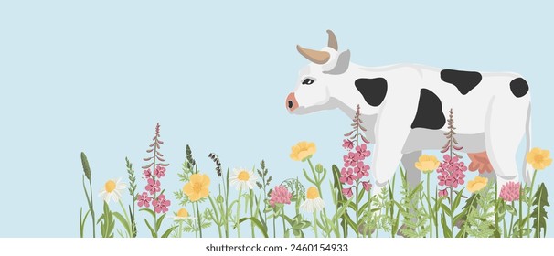 field flowers, and cow, vector drawing wild plants and farm animal at blue sky background, floral composition, hand drawn botanical illustration