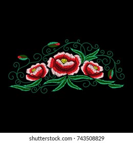Field flowers embroidery, poppies on black background. Element for design. Satin stitch imitation, vector.