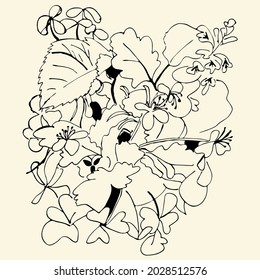 Field flowers - ink hand drawing. Floral ornament.